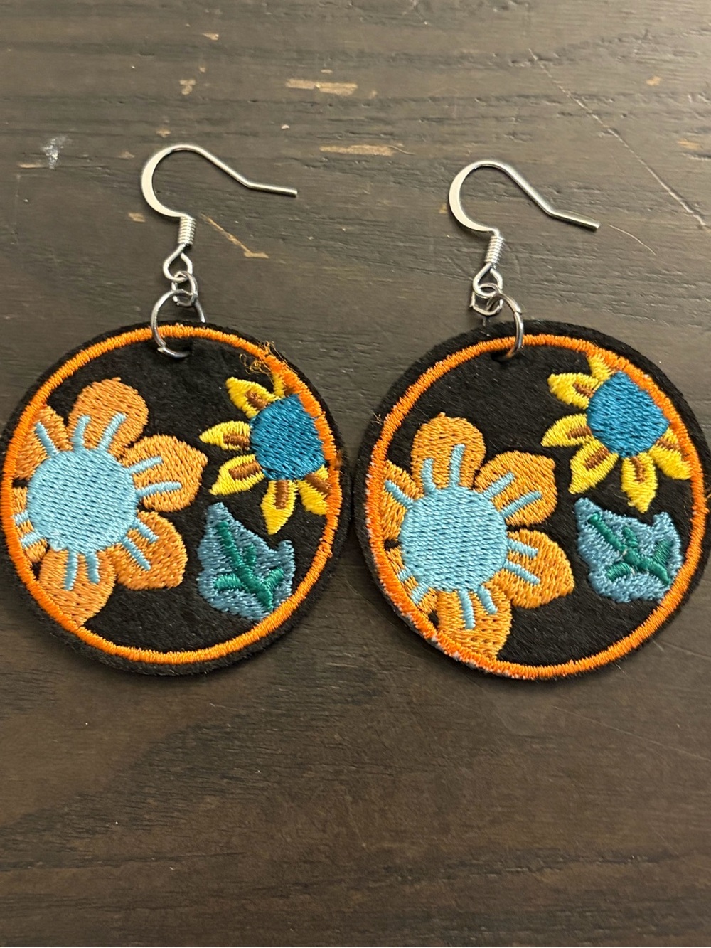 Embroidered Floral Drop Earrings in Black, Orange & Blue